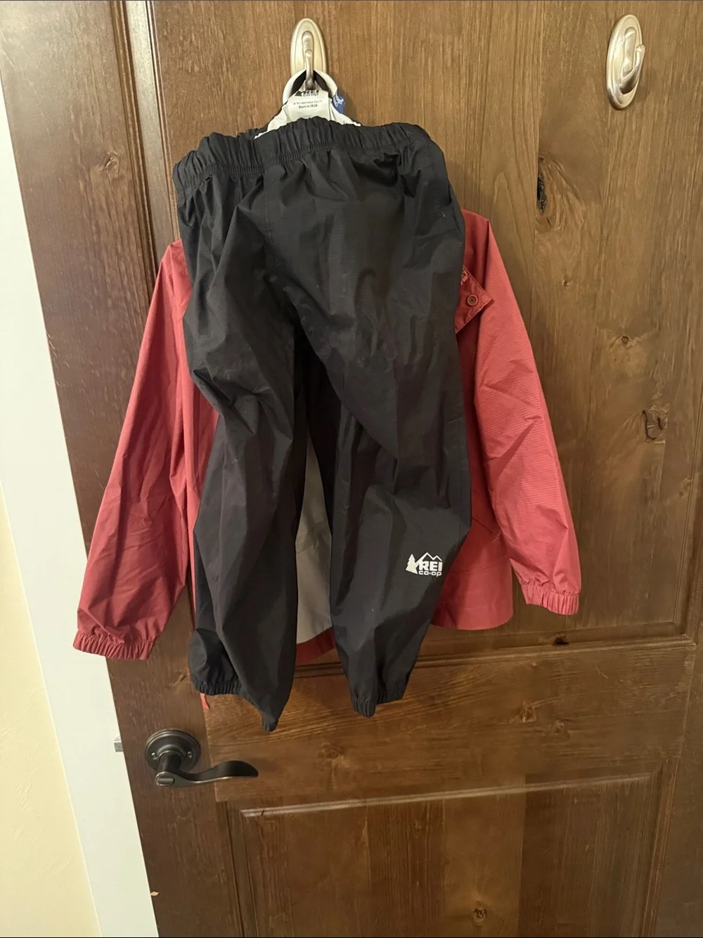 REI Kids' Rain Suit Waterproof Hooded Jacket (Maroon) & Waterproof Pants (Black)